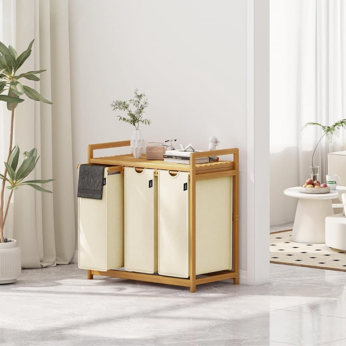 Zavio® Wasmand 3 Vakken - Wassorteerder - Wasmand - Beige0617 — afbeelding 1