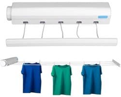 Drooglijnen - Wand waslijn uittrekbaar - 5 lijnen - Droogrek Hangend - Wasrek Hangend - Geschikt voor kamperen, camper, camping - Uittrekbare - Rol droog lijn - Rekken - Geschikt Voor buiten en binnen - Uitschuifbaar - wit