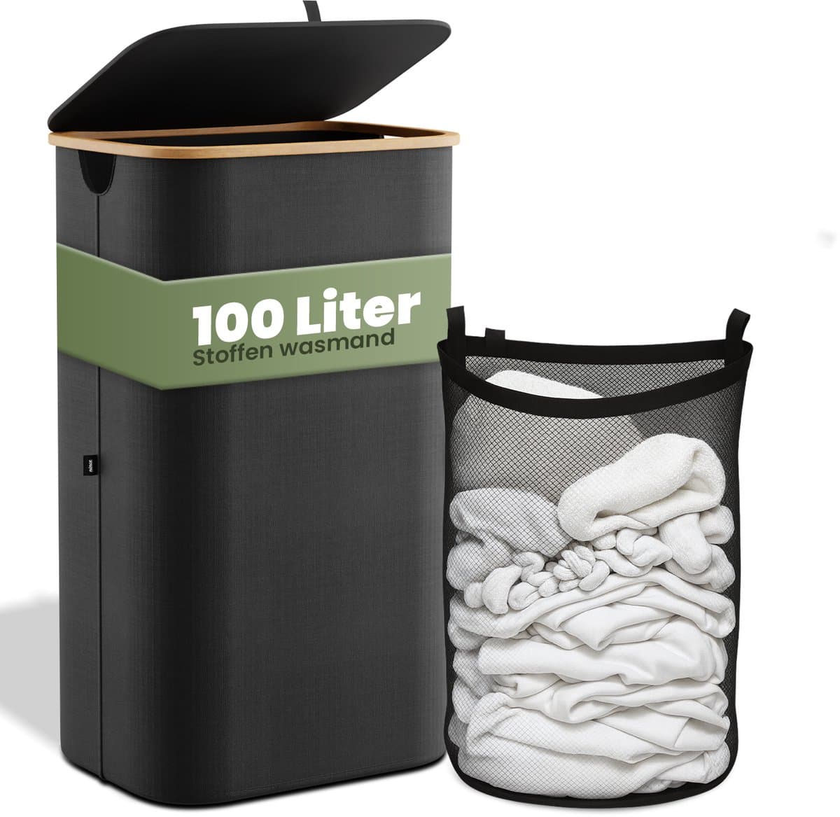 Nince Wasmand - 1 Vak - 100L - Met Deksel - Wassorteerder - Uitneembare Waszakken - Bamboe - Opvouwbaar - Zwart — afbeelding 1