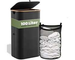 Nince Wasmand - 1 Vak - 100L - Met Deksel - Wassorteerder - Uitneembare Waszakken - Bamboe - Opvouwbaar - Zwart