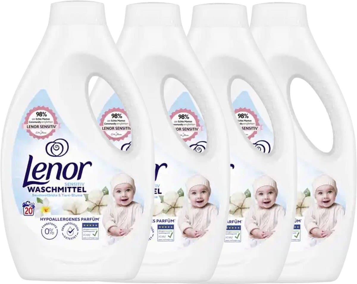 4 x Lenor Vloeibaar Wasmiddel - Sensitive Katoenbloesem - 4 x 20 Wasbeurten — afbeelding 1