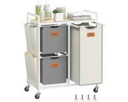 Wasmand 100L met 3 Vakken & Wielen – Metalen Frame met Houten Bovenblad – Inclusief 3 Zijvakken – Uitneembare Waszakken – Was Sorteren – Wit/Grijs