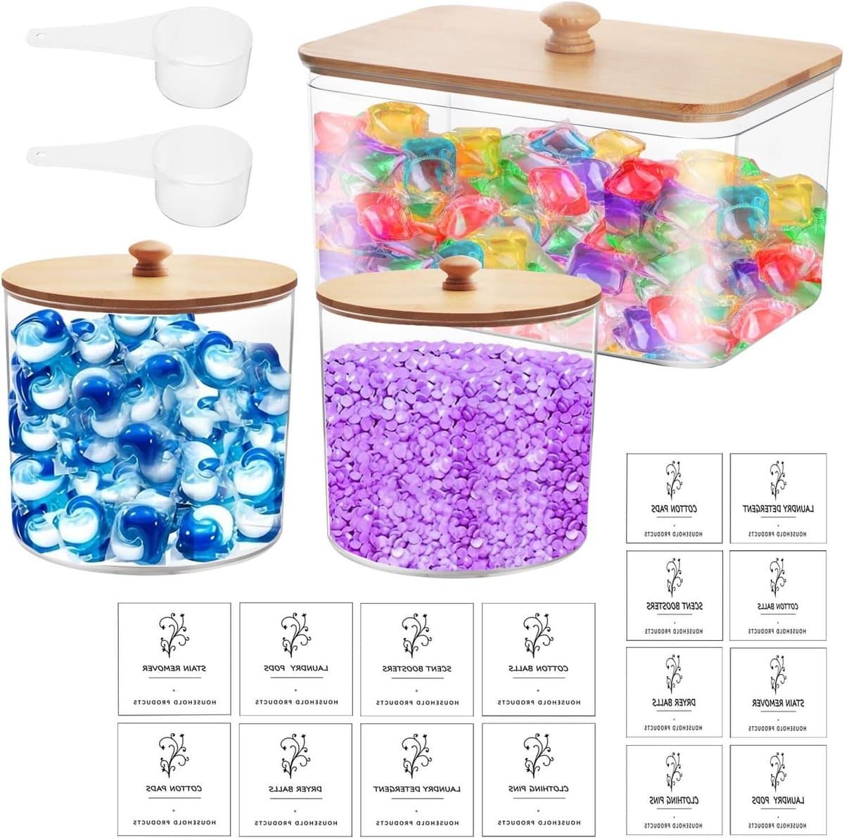 Allecta - Waspoedercontainers Set van 3 | Wasmiddelopslag met deksel | Luchtdichte Waspoeder Opbergdoos | Inclusief 16 stickers en 2 schepjes | Voor waspads, badbommen, wasparfum — afbeelding 1