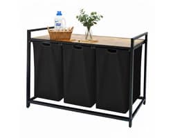 Wasmand 3 vakken - 150 liter - met plank - zwart-natuur