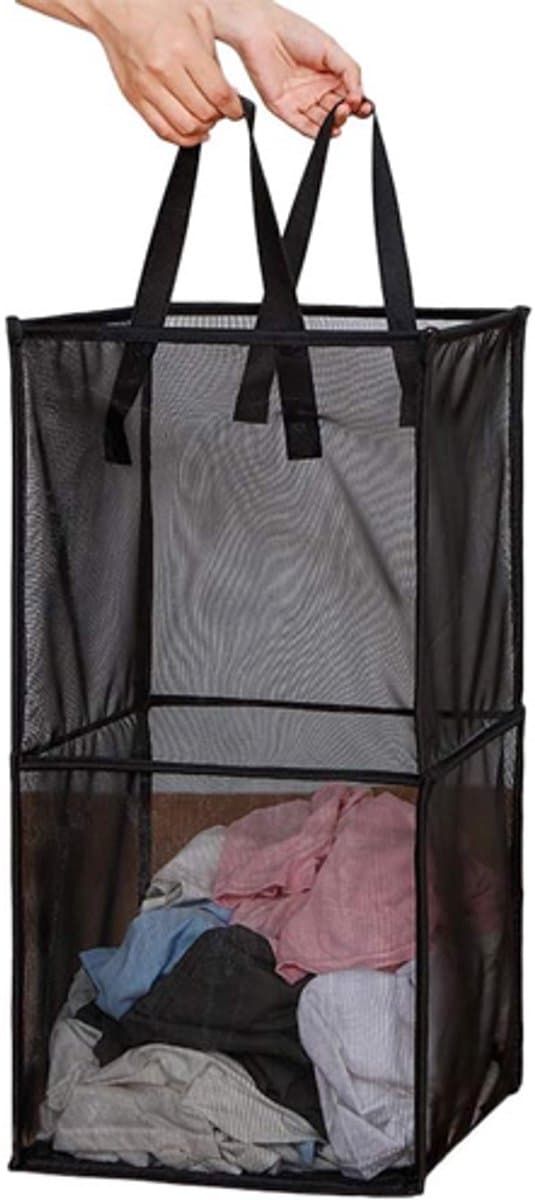 Wasmand - Mesh Wasmand - Waszakken - Draagbare Opvouwbare Mand - Wasmand Zwart - Dubbellaags Gaas Handvatten - Perfect voor Wasgoed - Kinderkamer - Studentenhuis - Reis - Feestdecoratie - Kerst (33x33x66cm) — afbeelding 1