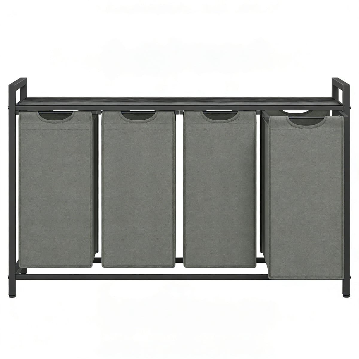Wasmand 4-vaks sorteermand 116×33×72 cm Zwart-grijs Met uittrekbare en afneembare waszakken Lattenrek voor ventilatie Stevig metalen frame Geschikt voor wasruimte, badkamer en slaapkamer — afbeelding 1