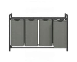 Wasmand 4-vaks sorteermand 116×33×72 cm Zwart-grijs Met uittrekbare en afneembare waszakken Lattenrek voor ventilatie Stevig metalen frame Geschikt voor wasruimte, badkamer en slaapkamer