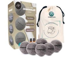 TUMBLETOUCH® 6XL Drogerballen Voor Wasdrogers - Gemaakt van 100% Nieuw-Zeelandse Schapen Wol - 2 Etherische Oliën - Wasdrogerballen - Droogballen - Grijs