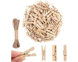 Mini houten klemmen 100 stuks met jutekoord, 3,5 cm, voor foto's en ansichtkaarten, natuurlijk hout