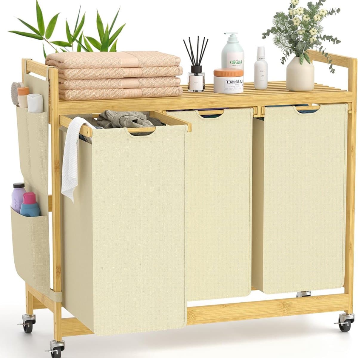 White-Label® Wassorteerder 3 Vaken - Wasmand - Wassorteerder - Beige — afbeelding 1