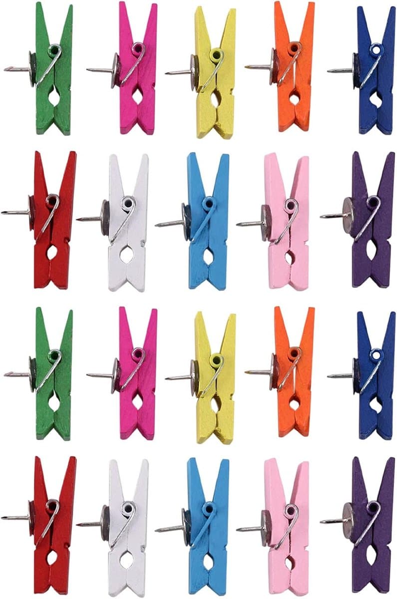 Decoratieve Punaises - Houten Clips Kopspijkers - Kurkbord Bevestigen - Creatieve Vormgeving - 20 Stuks - Meerkleurig — afbeelding 1