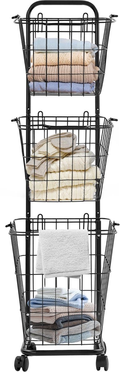 Wasmandwagen Met 3 Manden Zwart 26*32*123cm 3-Laags Rolbare Wasmanden Op Wielen Wasrek Waswagen Voor Badkamer Waskeuken — afbeelding 1