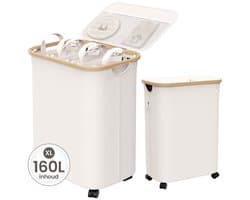 Wasmand 3 Vakken met Deksel - Wassorteerder Opvouwbaar - Wasbox op Wielen - 160L - Laundry Basket Bamboe - Incl. 5 Uitneembare Waszakken en 5 Labels - Beige
