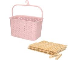 Wasknijpersmandje met ophanghaak - roze - en 60x houten wasknijpers 7 cm - was ophangen