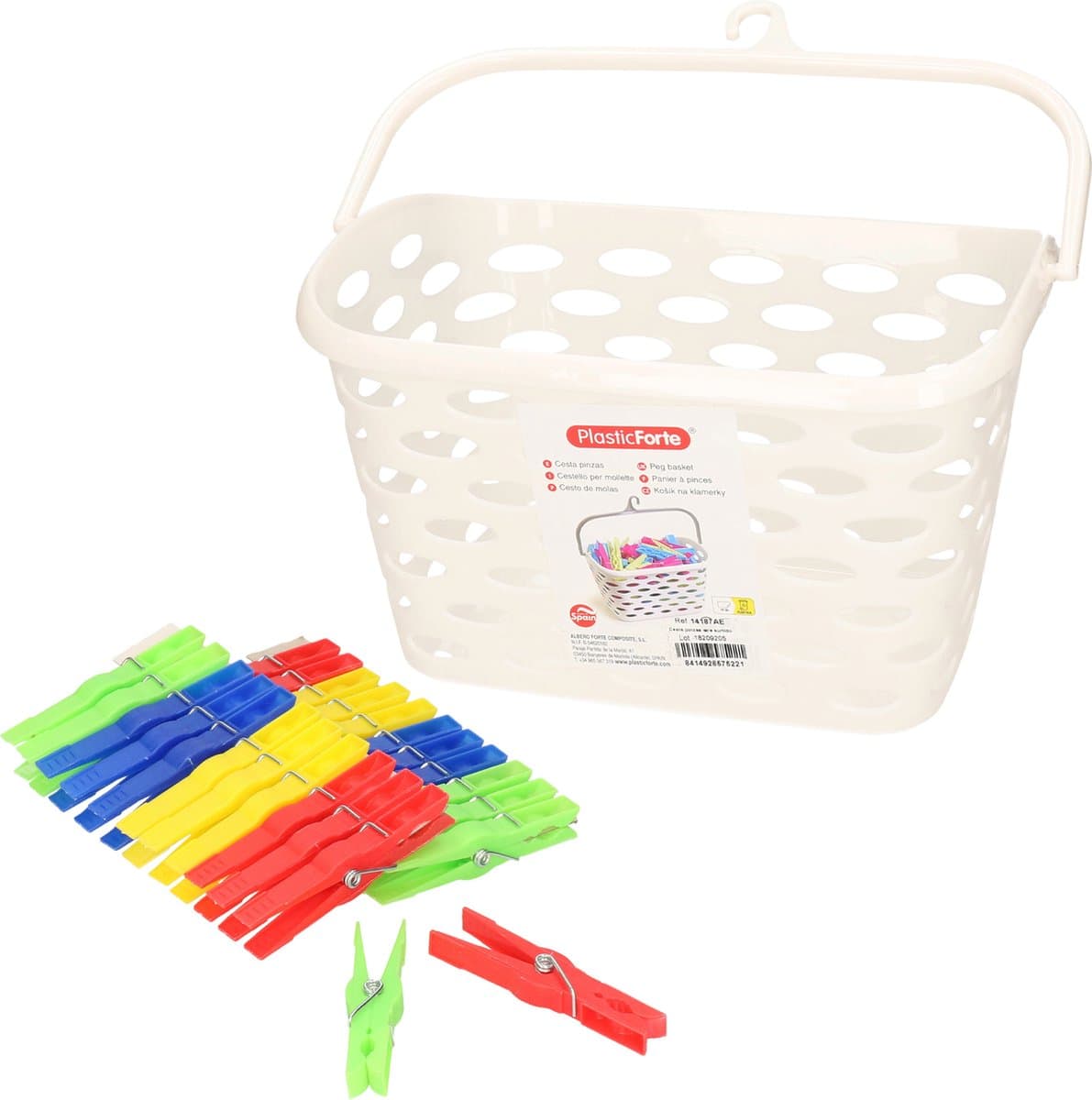 Plasticforte Wasknijpers ophang mandje/bakje - creme wit - met 72x plastic knijpers — afbeelding 1