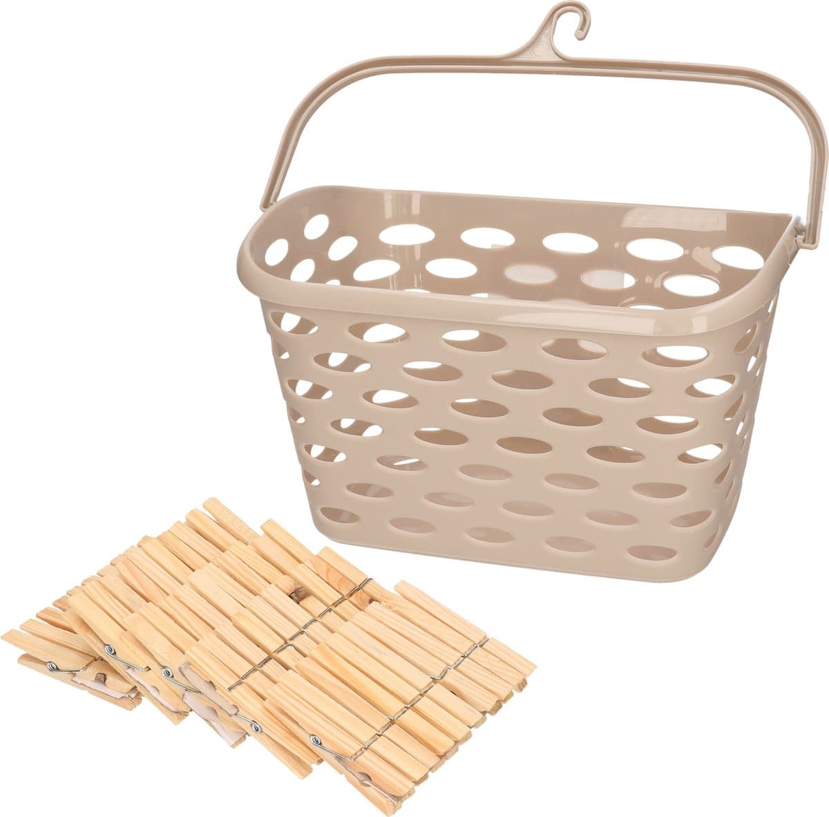 Wasknijpersmandje met haak - beige - en 100x houten wasknijpers 7 cm - was ophangen — afbeelding 1