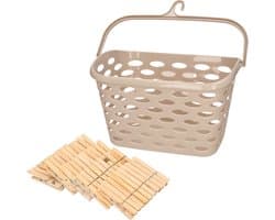 Wasknijpersmandje met haak - beige - en 100x houten wasknijpers 7 cm - was ophangen