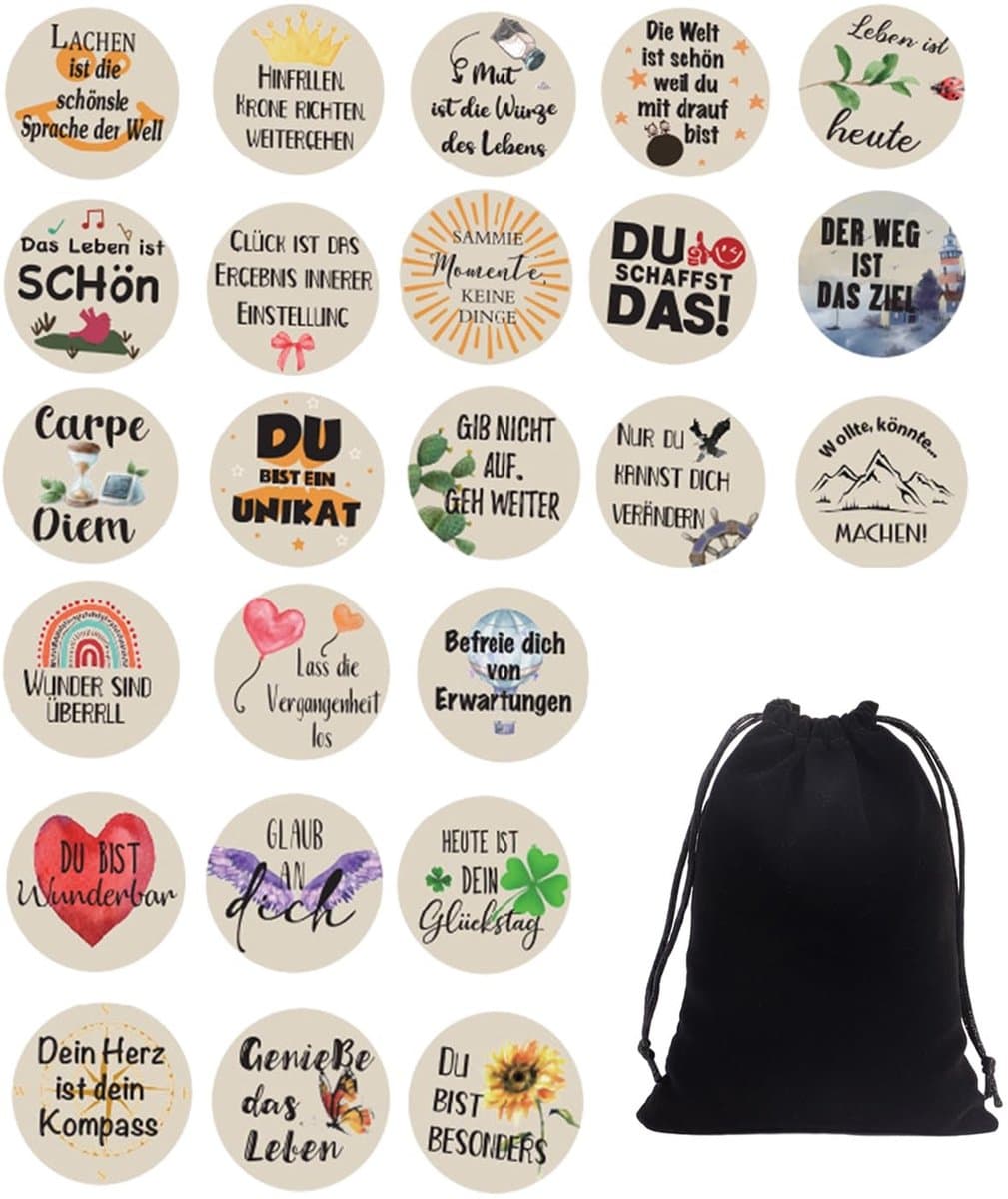 Dailygoods- Geluksbrengers 24 stuks - Houten Geluksbrenger - Ronde Mini-souvenirs - Inspirerende Citaten - Fluwelen Zakje - Tafeldecoratie - Gelukssteen — afbeelding 1