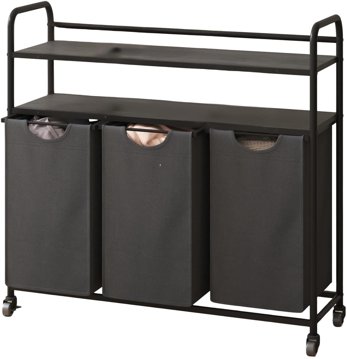 Wasmand – Voor Badkamer & Wasruimte – 3 Compartimenten (3×46L) met 2 Planken, Uitschuifbare Waszak – Grijs — afbeelding 1