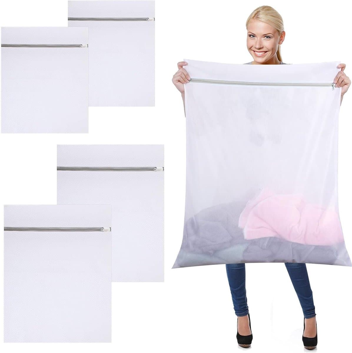 Set van 4 Waszakken voor de Wasmachine, Polyester Materiaal met Rits, 60 × 80 cm en 90 × 110 cm, Herbruikbare en Duurzame Waszakken voor Kleding, Beddengoed en Broeken — afbeelding 1