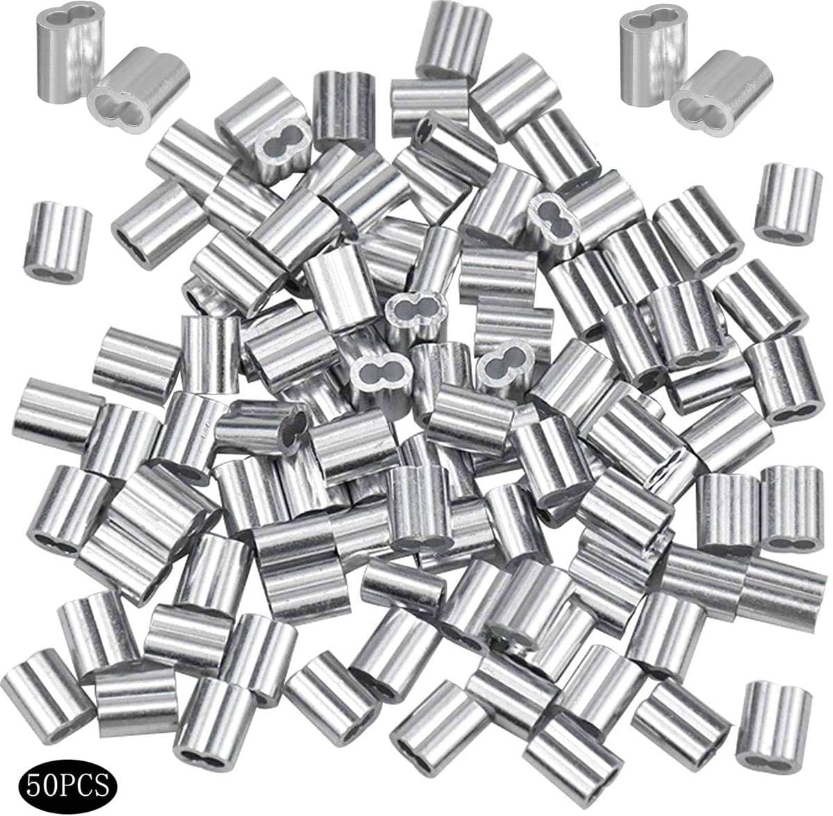 Dailygoods- Draadkabel 50 Stuks - Aluminium Kabeldraad - Zilveren Krimpring-Hulsklem - Geschikt voor Hondentouw/Waslijn - Diameter 8 mm - Laag Gewicht/Hoge Prestaties - Staaldraad — afbeelding 1