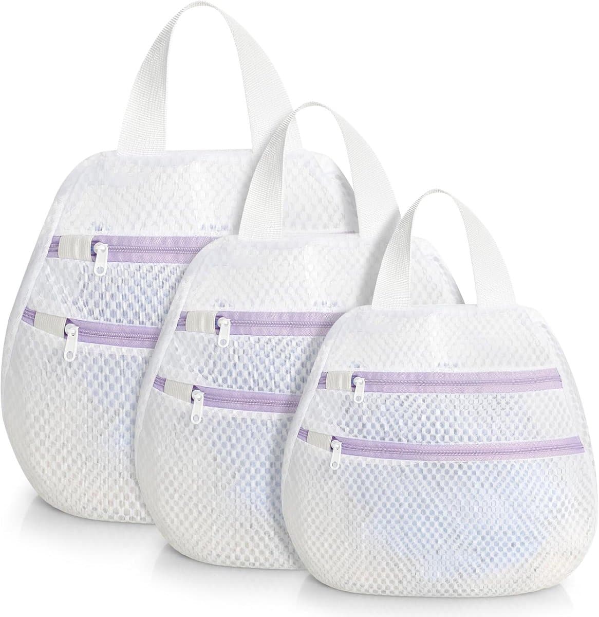 3-delige dubbellaags wasnet set - met handvatten - paarse kleur - 3 maten 40×40 50×50 60×60 cm - herbruikbaar mesh voor bh's en sokken — afbeelding 1