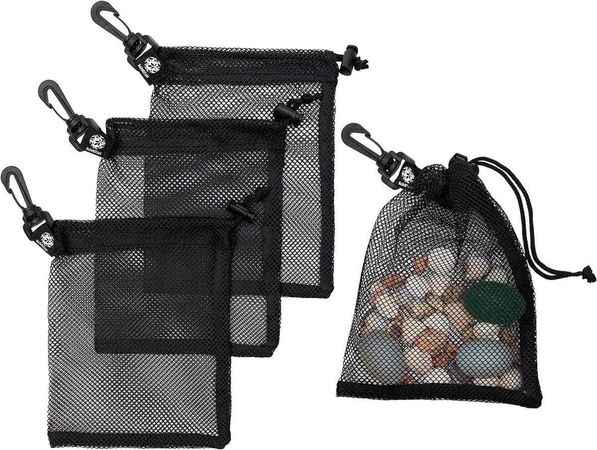Mesh Trekkoord Tas - Gaaszakjes Set - Strand Vondsten Verzamelen - Met Karabijnhaak Clips - 6 x 8 inch - Zwart — afbeelding 1