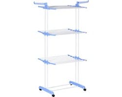 Droogrek Opvouwbaar 4 Niveaus met Draaibare Vleugels en 4 Wielen, Staal en PP, 73x64x177 cm, Wit en Zilver