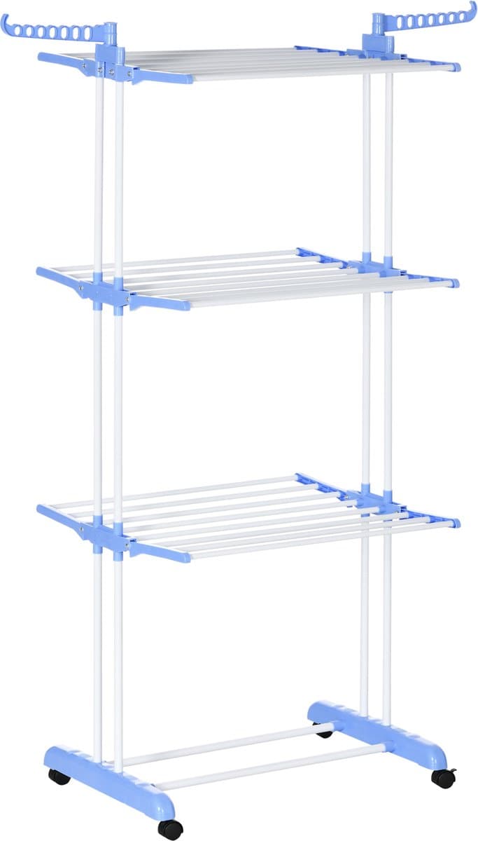 Droogrek Opvouwbaar 4 Niveaus met Draaibare Vleugels en 4 Wielen, Staal en PP, 73x64x177 cm, Wit en Zilver — afbeelding 1
