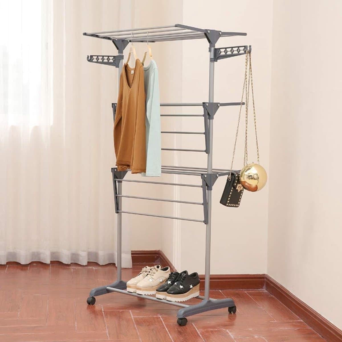 Verticaal Droogrek - Toren Droogrek - Kleding Drogen - Uittrekbaar met Zijvleugels - 72 x 56 x 152 cm - Grijs — afbeelding 1