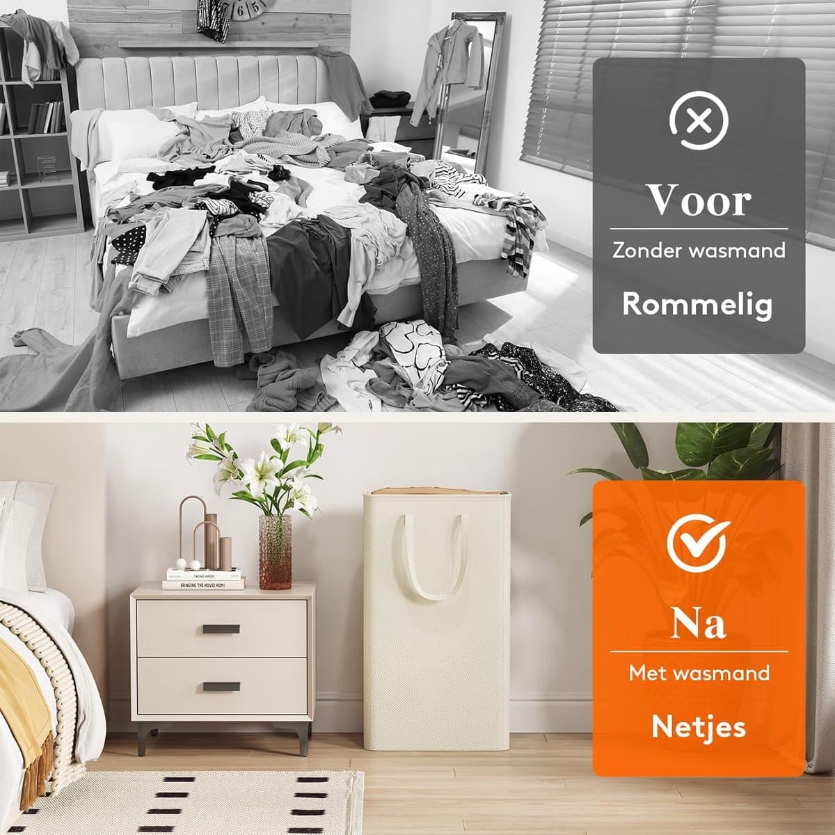 heupwasmand - Narrow Laundry Basket - Wit - Vouwbaar - Handgrepen - Voor Kleine Ruimtes — afbeelding 1