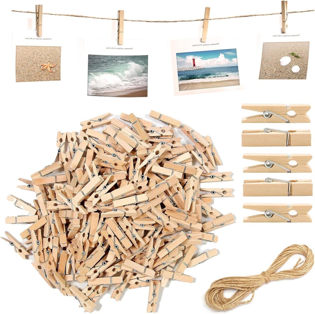 SnelShoppen - 150 Mini Houten Knijpers 3,5 cm met 10 m Jute Koord - Kleine Wasknijpers voor Foto's, Ansichtkaarten, Doe-Het-Zelf Decoratie voor Feeste — afbeelding 1