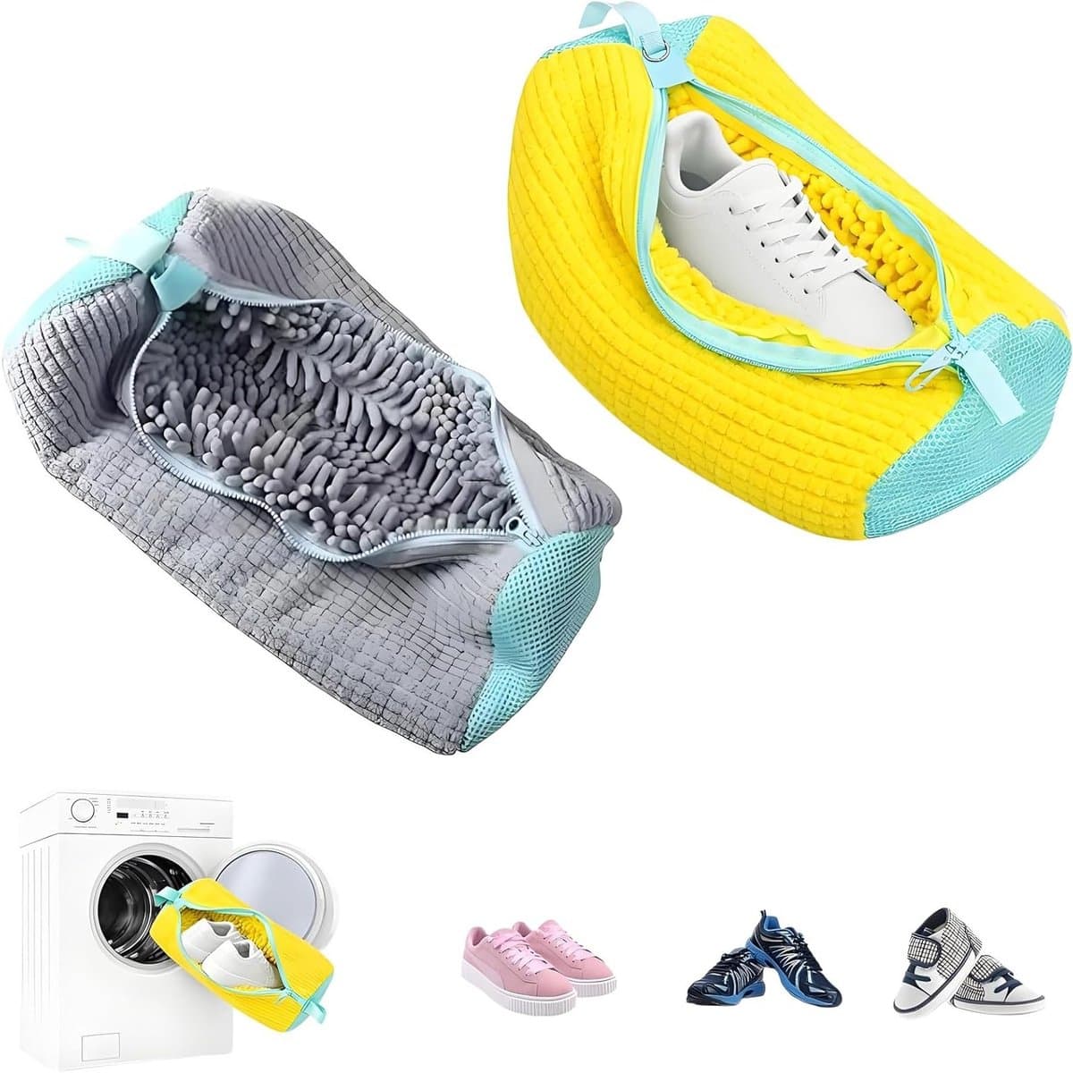 Set van 2 Schoenwaszakken voor Sneakers en Sportschoenen, 39 cm, Wasmachine Bescherming met Rits, Grijs-Geel en Turquoise Accenten — afbeelding 1