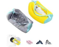 Set van 2 Schoenwaszakken voor Sneakers en Sportschoenen, 39 cm, Wasmachine Bescherming met Rits, Grijs-Geel en Turquoise Accenten