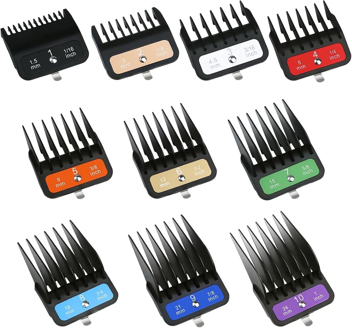 SnelShoppen - Combs Kammenset 10 Stuks - Volledige Grootte Beschermers 1/16 tot 1 Inch - Gekleurde Metalen Clips voor Tondeuses - Grijs — afbeelding 1