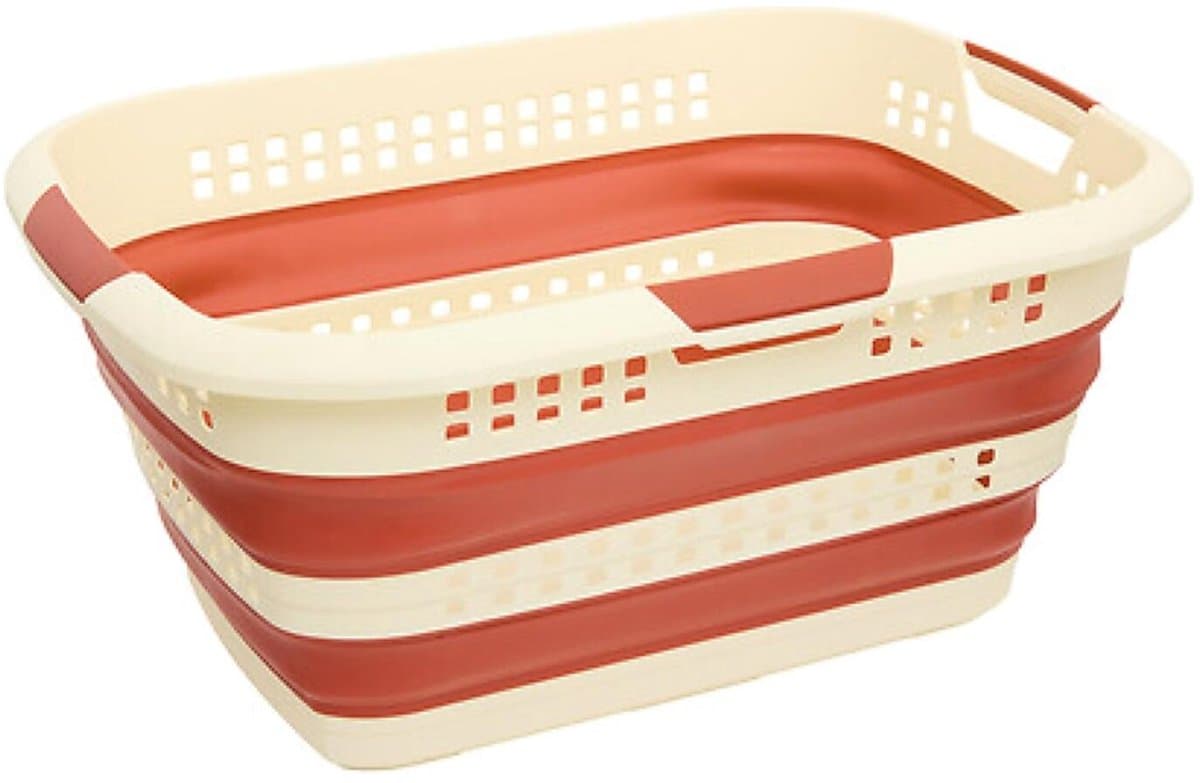 5Five wasmand - opvouwbaar - kunststof - 70 Liter - terra bruin/wit - 60 x 44 x 28 cm - met handvatten - huishouden / camping — afbeelding 1