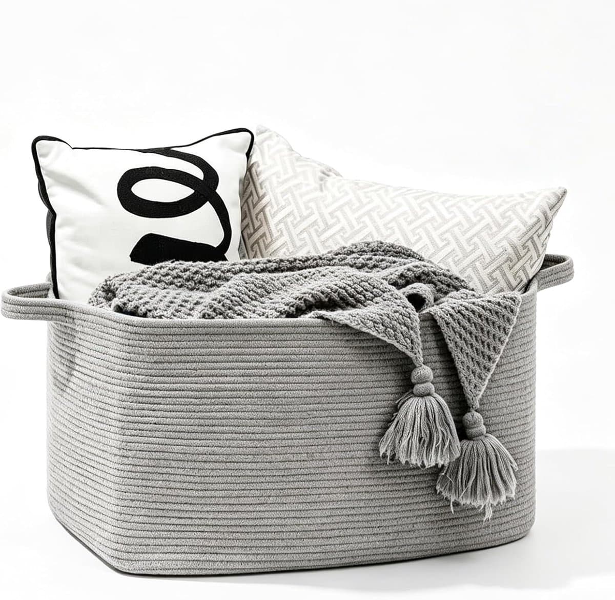 gevlochten, 50 liter, opbergmand met handgrepen, wasverzamelaar, handgemaakt, mand voor het opbergen van dekens, speelgoed, knuffeldieren, kleding, 46 x 36 x 30 cm, grijs — afbeelding 1
