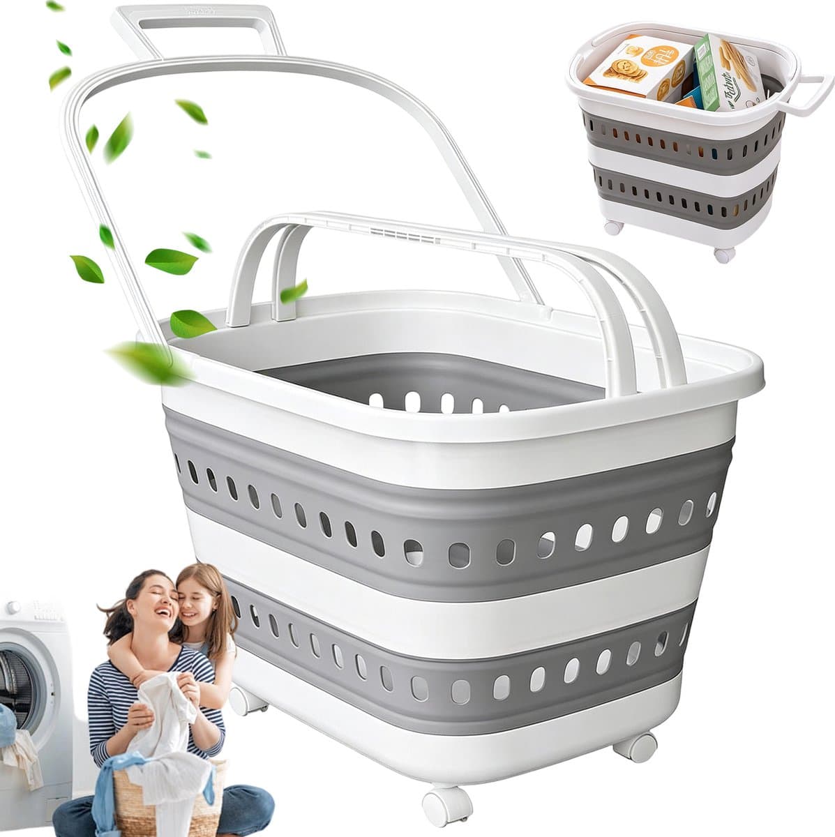Wasmand Opvouwbaar - Wasbox met Wielen - Opbergmand - 45L - 61x40x38 cm - met Handgrepen - Ademend - Laundry Basket - Voor Badkamer Kleine Ruimtes en Studentenkamer — afbeelding 1