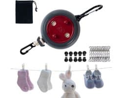 Waslijn - Droogtouw - Reizen en Buiten - Intrekbaar met knijpers - 10 meter - Rood