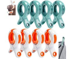8 stuks - Wasknijpers - Strandhanddoekclips - Sterke winddichte dekenclips - Plastic clips - Kledingclips - Winddichte clips - Oranje en groen - Geschikt voor zonnebaden ligstoelen bij het zwembad zware kleding dekbedden en lakens