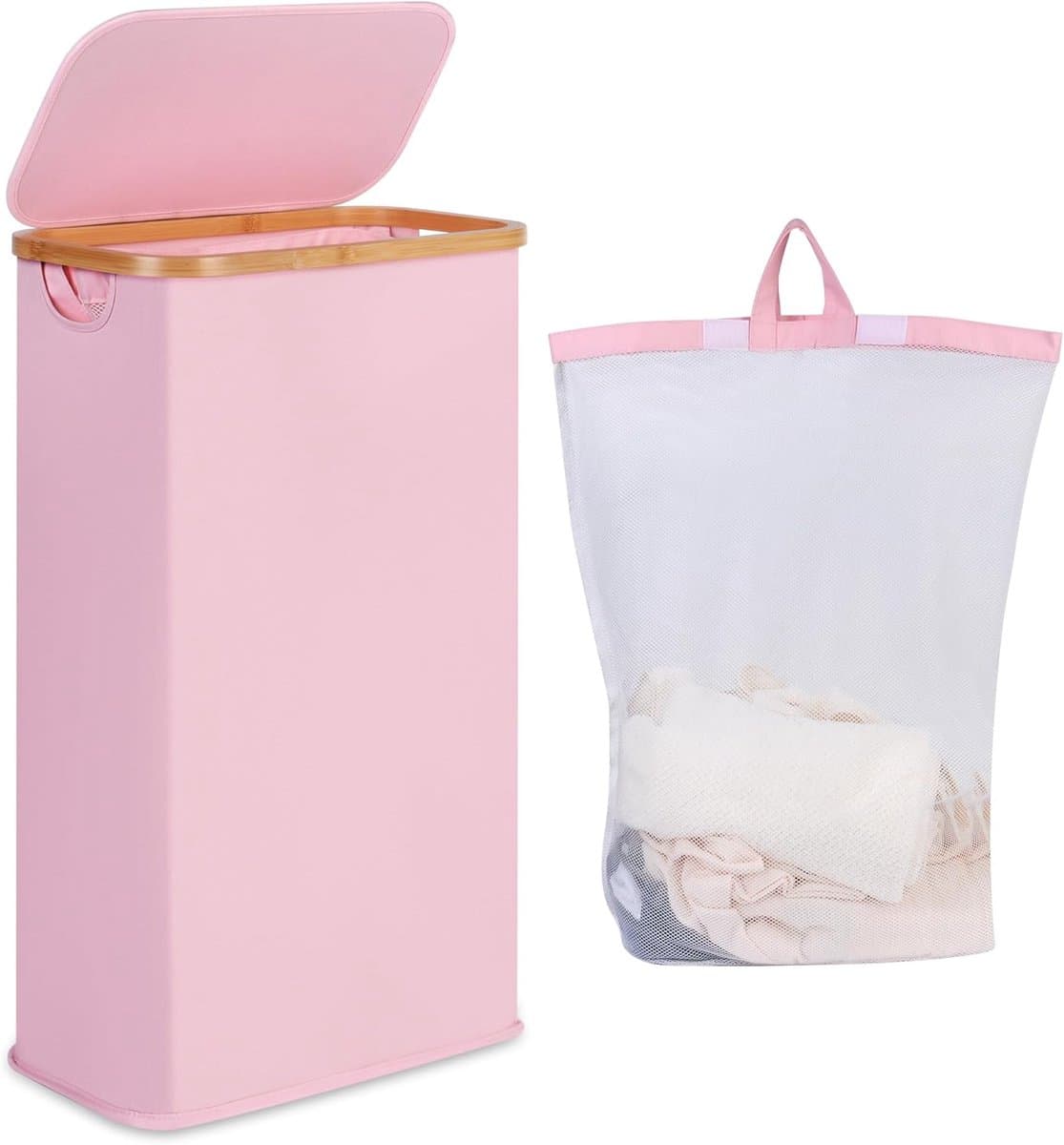 iEGrow Wasmand 75 liter met wasbare en afneembare binnenzak, smalle wasmand voor het opbergen van kleding, speelgoed, handdoeken (roze) — afbeelding 1