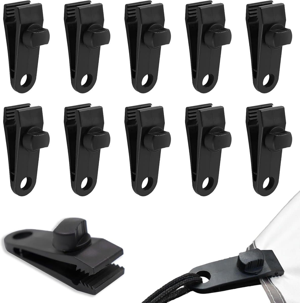 10-pack - Tentbevestigingsclips - Tarpclips / Tentbevestigingsclips Verstelbare zeilclips / Luifelklemmen - Zwart — afbeelding 1