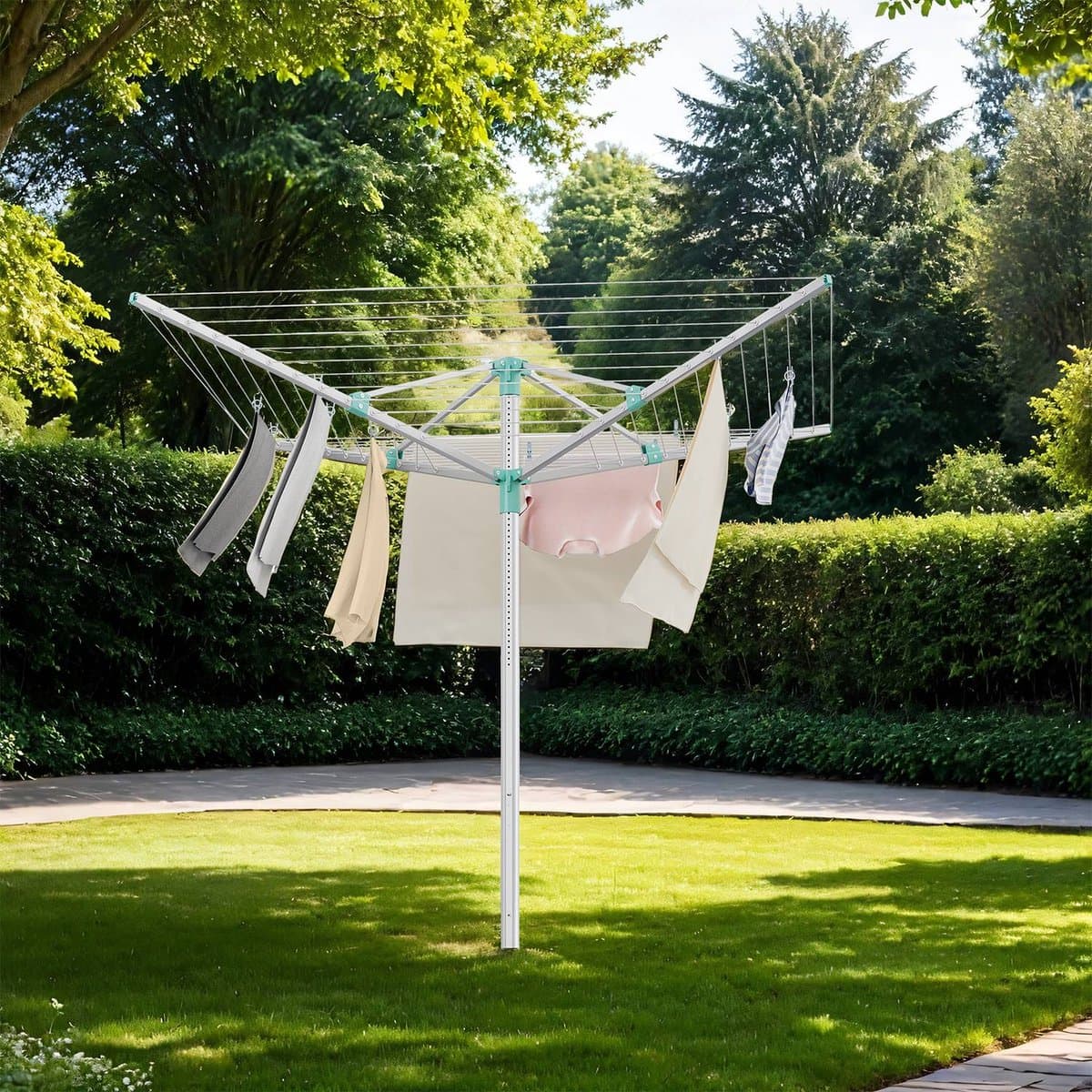 Waslijn – In hoogte verstelbaar – Voor tuin – Met wasknijpers — afbeelding 1