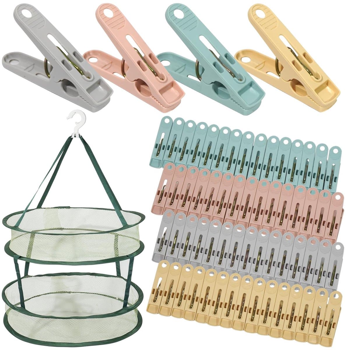 IMPERATORIS® Wasknijpers Kunststof - Waslijnklemmen - Extra Sterk - Soft Grip - Laat Geen Afdruk Achter - Weerbestendig - Set van 60 - Groen, roze, geel, grijs — afbeelding 1