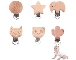 YAPKOLV 6 stuks hoogwaardige beukenhouten klemmen, niet giftig, fopspeenclip, speenclip, babyspeenhanger, natuurlijke houten clip