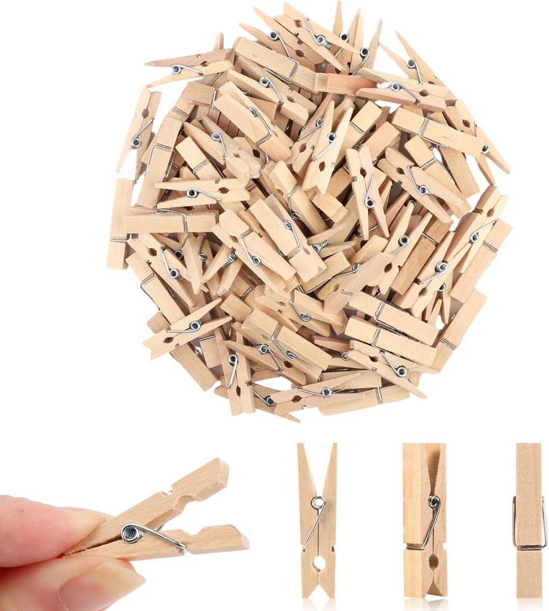 100 Mini Wasknijpers Houten Wasdrogerklemmen met Opbergtas - Allround voor Huishouden, Knutselen en Decoratie — afbeelding 1