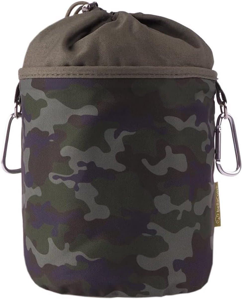 Draagbare wasknijperzak om op te hangen van katoen met 2 stevige karabijnhaken, trekkoordsluiting en metalen stopper voor het opbergen van wasknijpers, Ø 17 cm x 28 cm, ontwerp: camouflage — afbeelding 1