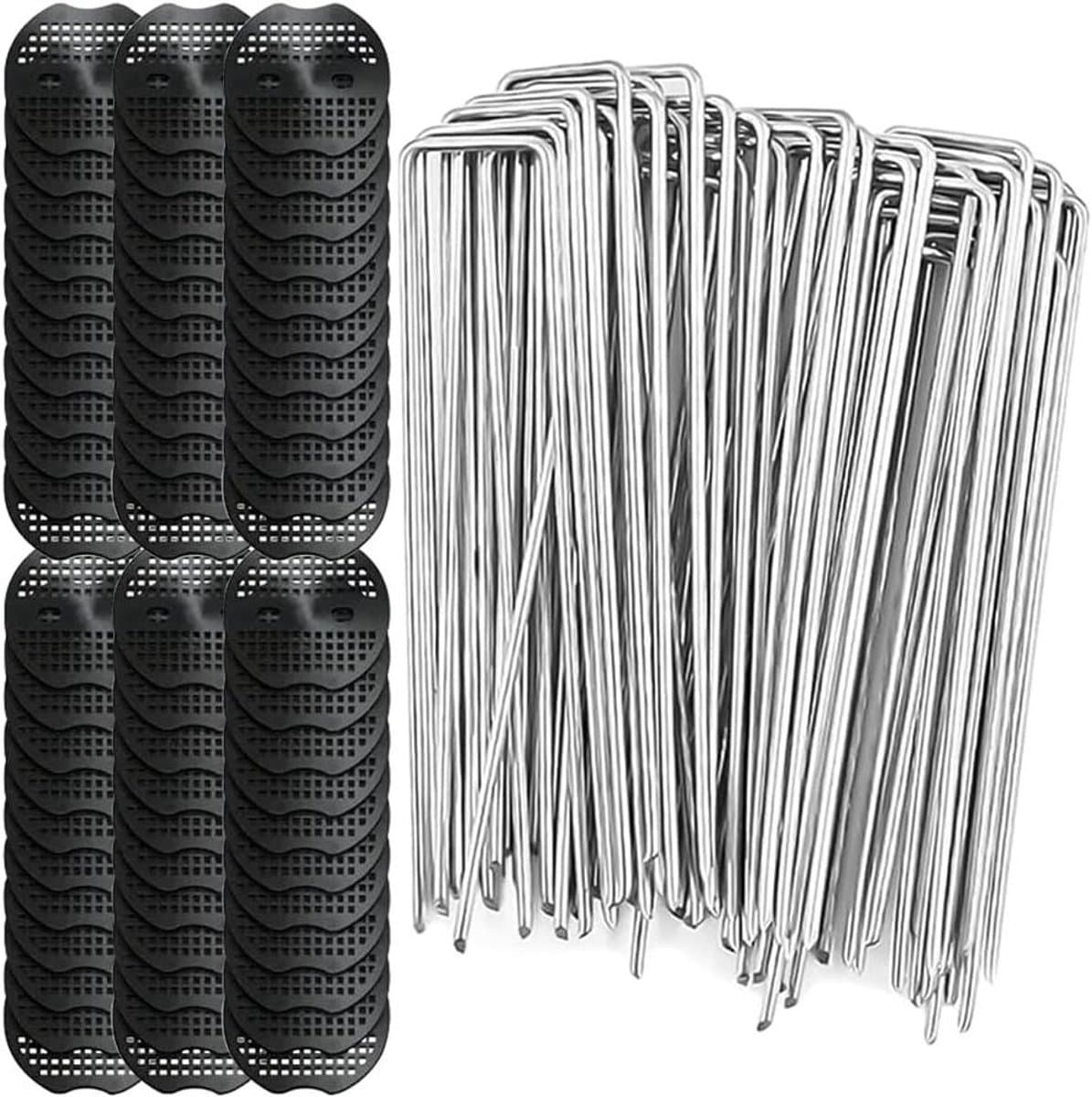Anti-roest grondankers met bufferschijven voor onkruidvlies - 150 x 40 mm, verzinkt - 60 stuks met U-haringen, grondhaken voor onkruiddoek — afbeelding 1