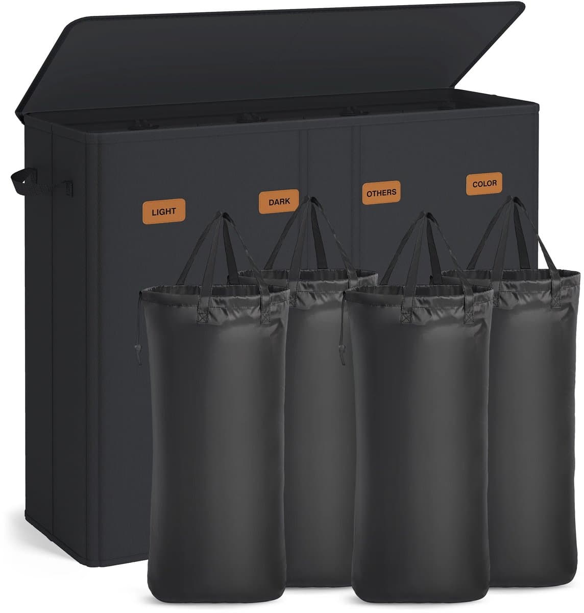 ELYSIVM Wasmand - Wasmand met 4 vakken - Wasmand met deksel - incl. 5 labels - Uitneembare wasbare binnenzak - 210 L - tot 20 kg - 84x33x75cm - Zwart — afbeelding 1