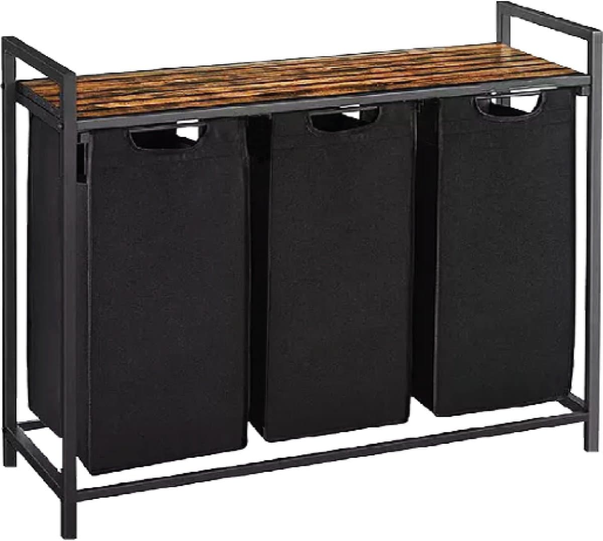 BRASQ Wasmand 3 vakken - Wassorteerder 114 Liter - Uitschuifbaar met Plank 92,5x33x71 cm - Wasbox Zwart Metaal - Bruin hout - Basket — afbeelding 1